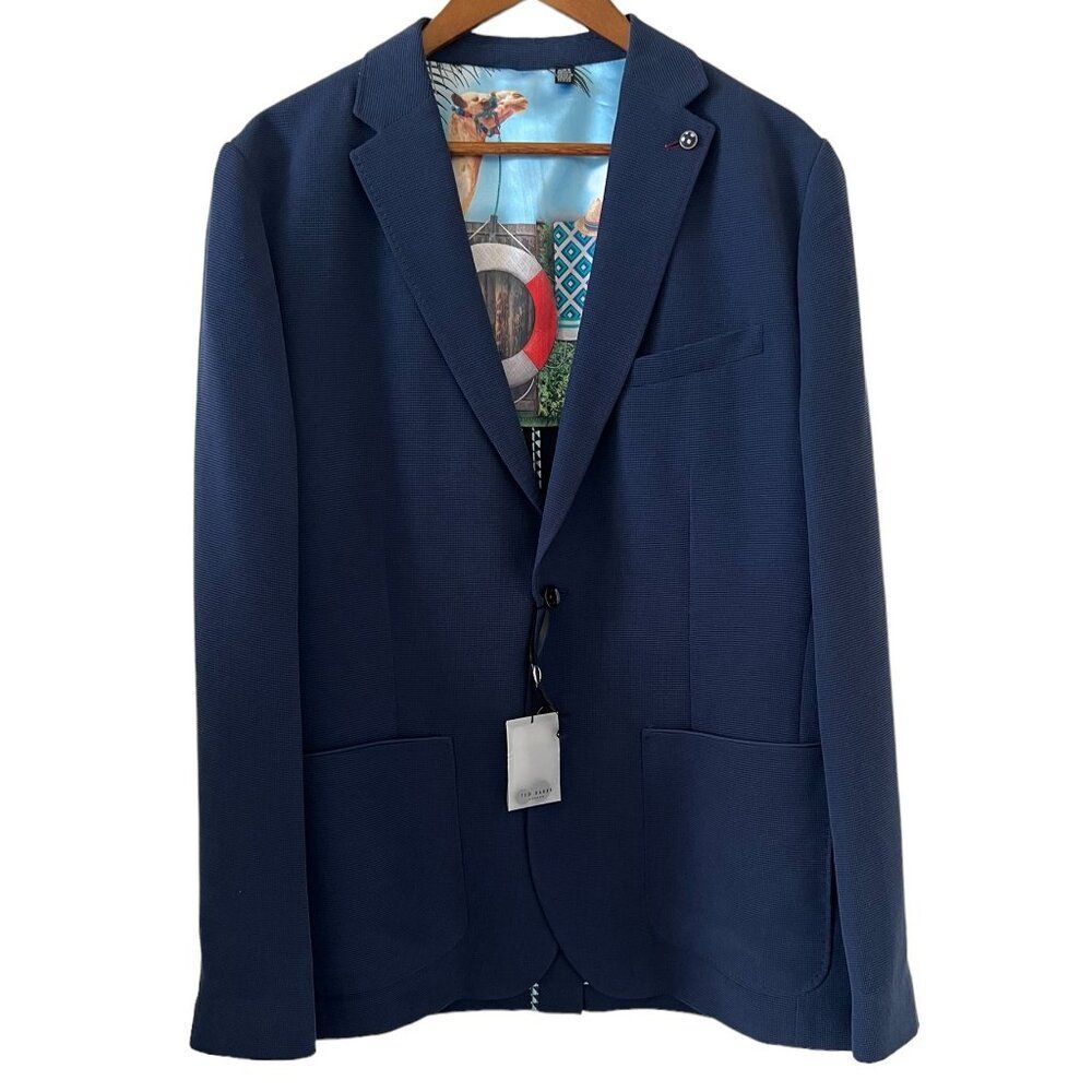 Ted Baker NEW Men's Camel Print Partially Lined Blazer In Navy Size 2XL